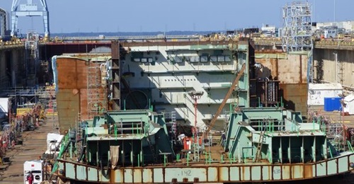 Newport News Shipbuilding has modified Dry Dock 12, shown here with with a mid section of carrier 
        
        , to work on two carriers at one time.
