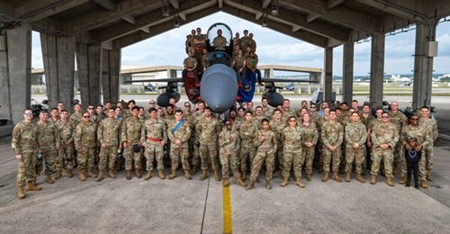 Members of the USAF's 67th Aircraft Maintenance Unit gathered around the 'last' Boeing F-15C Eagle at Kadena Air Base, Japan, on 6 December 2024, according to the air force.