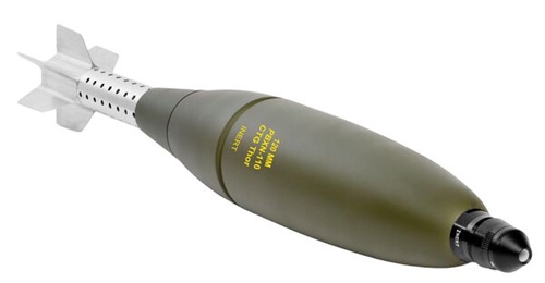 Saab Bofors Dynamics Thor 120 mm mortar bomb, with a nose-mounted fuze but without increments at the rear.