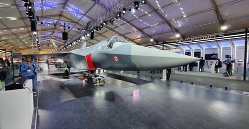 A full-scale model of India's AMCA aircraft displayed at Aero India 2025.