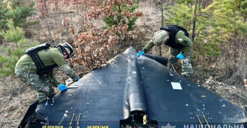 Image of a downed Shahed-136, which was discovered by the police on 17 March 2024 in Vinnytsia Oblast in central Ukraine.