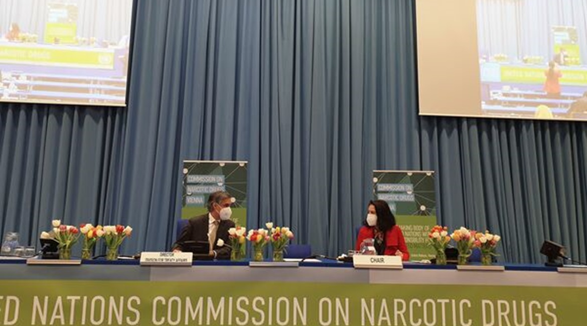 Director of the UNODC Division for Treaty Affairs John Brandolino (left) and CND Chair Dominika Koris (right) attend the 64th UN Commission on Narcotic Drugs in Vienna on 14 April 2021. The UN's CND remains profoundly split over issues of drug control.