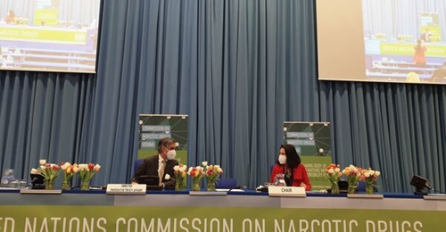 Director of the UNODC Division for Treaty Affairs John Brandolino (left) and CND Chair Dominika Koris (right) attend the 64th UN Commission on Narcotic Drugs in Vienna on 14 April 2021. The UN's CND remains profoundly split over issues of drug control.