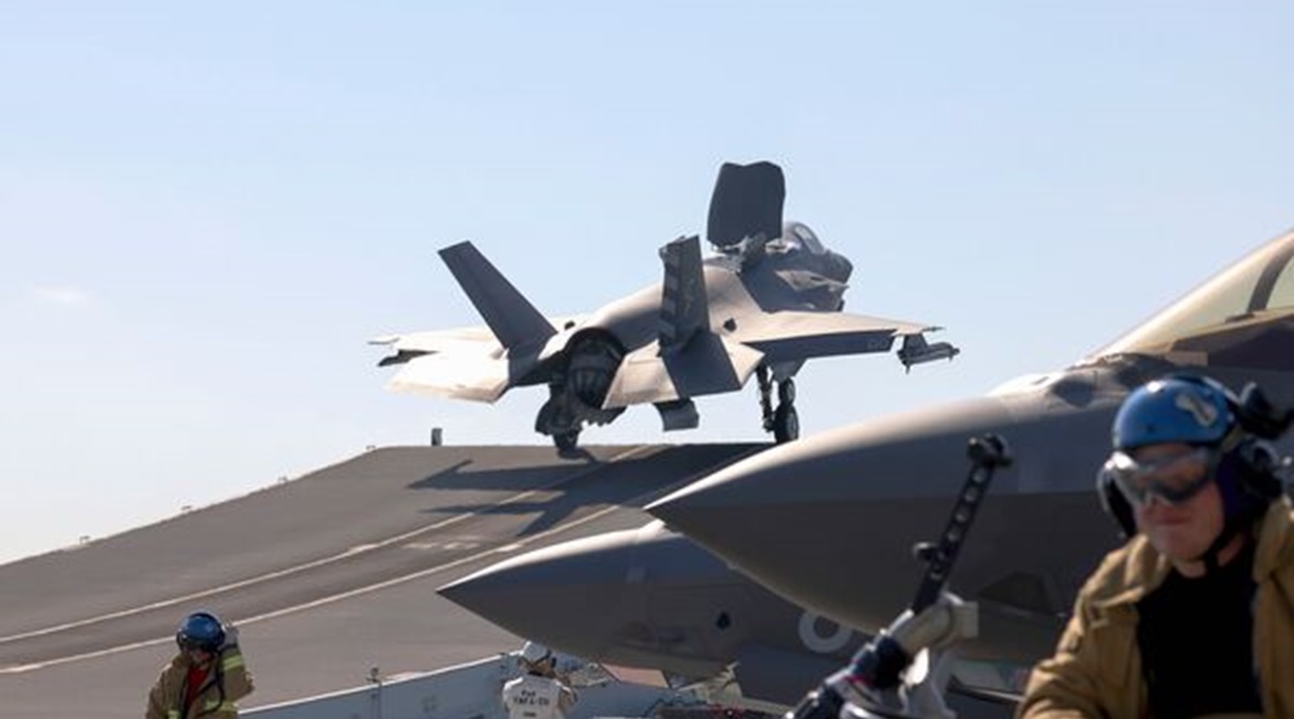An F-35B launches from the deck of HMS Queen Elizabeth on the ship's first operational use of its embarked air power.
