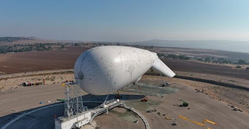 The TCOM aerostat that will carry the Sky Dew elevated radar system, at a site in northern Israel.