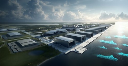 An artist's impression of Saronic Technologies' planned Port Alpha shipyard that will be focused on building autonomous vessels.