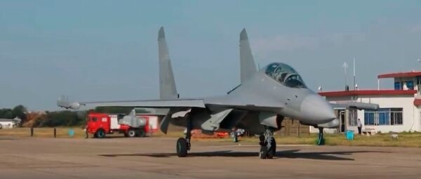 A screengrab from video footage released by CCTV on 6 November showing a J-16D bearing PLAAF insignia. The state broadcaster revealed that same day that the service had begun deploying this new EW-capable variant in combat training.