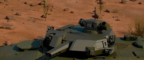 A computer-generated image of the EOS Defence Systems' developmental T2000-DE turret. The DE weapon system is top-mounted above and to the right of the main armament in the image. Note the beam director on the right of the system, sensor unit on the le...