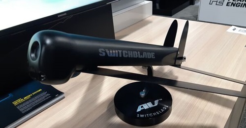 A model of the AeroVironment Switchblade 300 loitering munition on display at the 2021 Association of the United States Army trade show in Washington, DC. The company deployed the munition from its Arcturus Jump 20 UAV for the first time.
