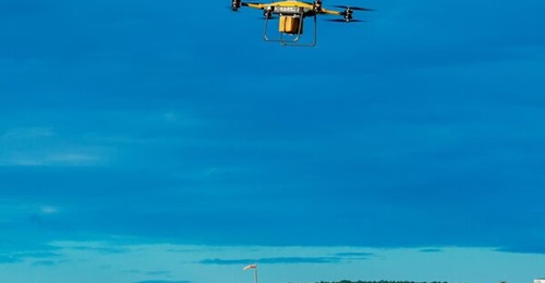A TRV-150 Tactical Resupply UAS flies over Webster Outlying Field. TRUAS is a marine-focused platform for tactical resupply primarily on shore.