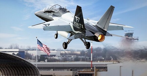 One of the two production-representative jets so far built and flying departs St Louis of a test sortie. Boeing has now begun the second phase of flight trials of the T-7A Red Hawk trainer aircraft.