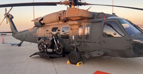 A Black Hawk helicopter and electric motorcycle combo was showcased at the Dubai Airshow 2021.