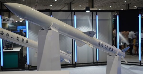 A mock-up of the Land Sword II missile displayed at the Taipei Aerospace & Defense Technology Exhibition 2023.