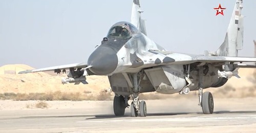A still from the Zvezda TV  footage shows a Syrian MiG-29 taking off from Tiyas Air Base.