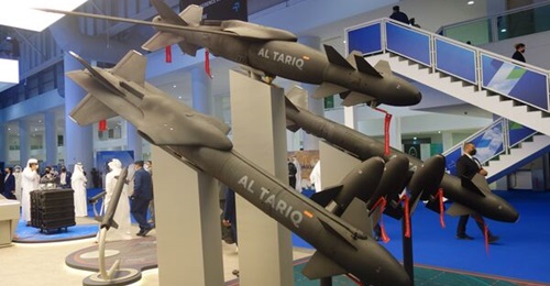 The Al-Tariq range of bomb guidance kits on display at the show Dubai Airshow, with the new variant for MK 83 bombs seen at the top between a Mk 82 variant with fold-out wings on the left and a Mk 83 variant without the wing on the right.