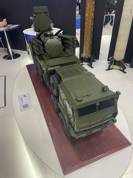 A scale model of the latest Pantsir ground-based air-defence system was shown for the first time outside Russia at the Dubai Airshow 2021.