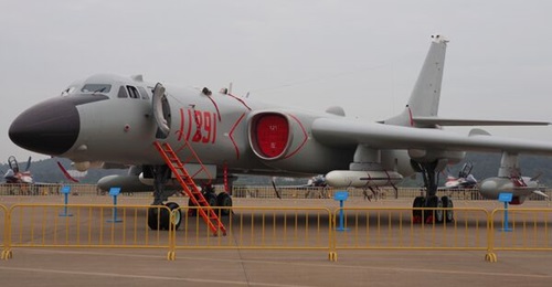China has flown two H-6K strategic bombers (pictured at Airshow China 2018) in a joint patrol with Russian Tu-95 aircraft over the Sea of Japan and the East China Sea.