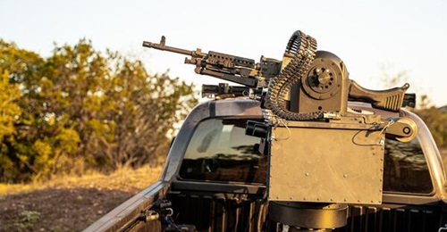 An image of an Allen Control Systems' Bullfrog M240 automated remote weapon station undergoing trials at an undisclosed location.