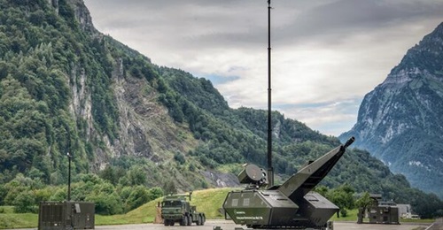 Rheinmetall's Skynex air-defence system, seen with some of its separated fire control and gun components.