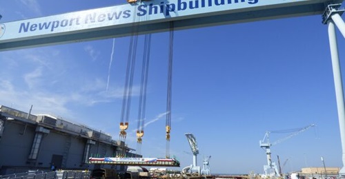 Aircraft carrier 
        
        is shown here under construction at Newport News Shipbuilding. The shipbuilder says carriers will still be part of the new navy fleet.