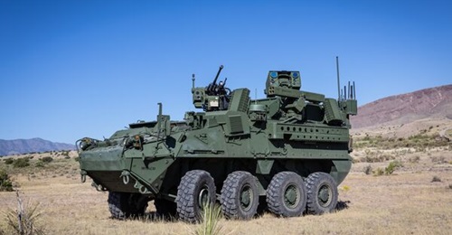 A US Army Stryker performs a demonstration for the service taking down unmanned aircraft systems.