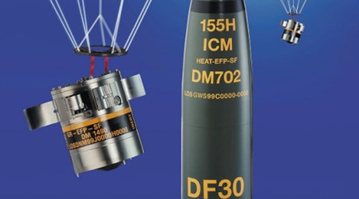The complete SMArt155 artillery projectile (middle) with submunitions containing an EFP warhead deployed by a parachute (left and right).