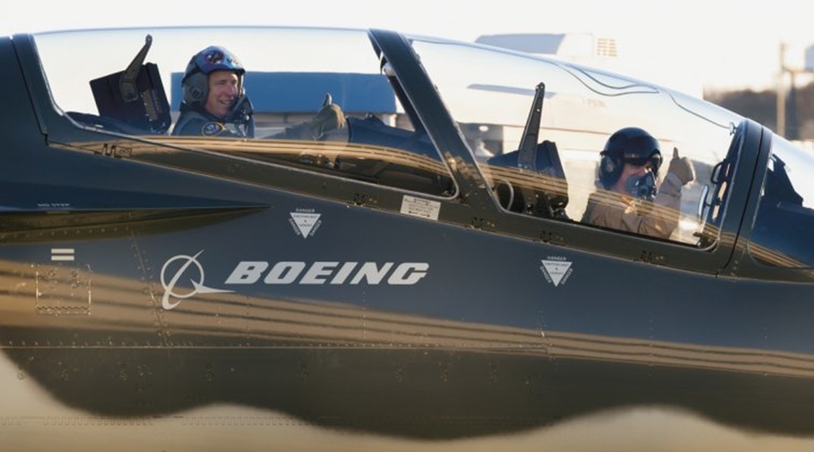 Maj Gen Doherty (left), 19th Air Force commander, taxies out to the flightline with a Boeing pilot for a T-X trainer familiarisation sortie in St Louis on 27 November 2018. The T-X trainer will provide student pilots with the skills needed to transitio...