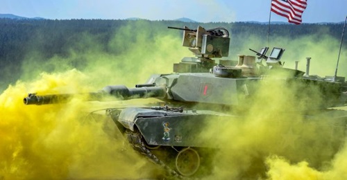 US soldiers in an M1 Abrams tank compete in the Strong Europe Tank Challenge at the Grafenwoehr training area in Germany in June 2018. The US Army will field Rafael's Trophy APS on its Abrams tanks.