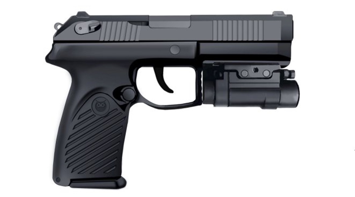 Right-hand side view of the latest iteration of Udav pistol by TsNIITochMash, chambered for the 9×21 cartridge and fitted with a combined laser pointer and tactical light module (artist's impression).