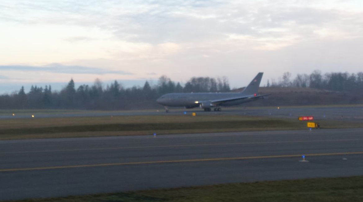 The first KC-46A delivery, destined for the McConnell Air Force Base in Kansas, departs from Boeing's Everett, Washington, facility on 25 January.