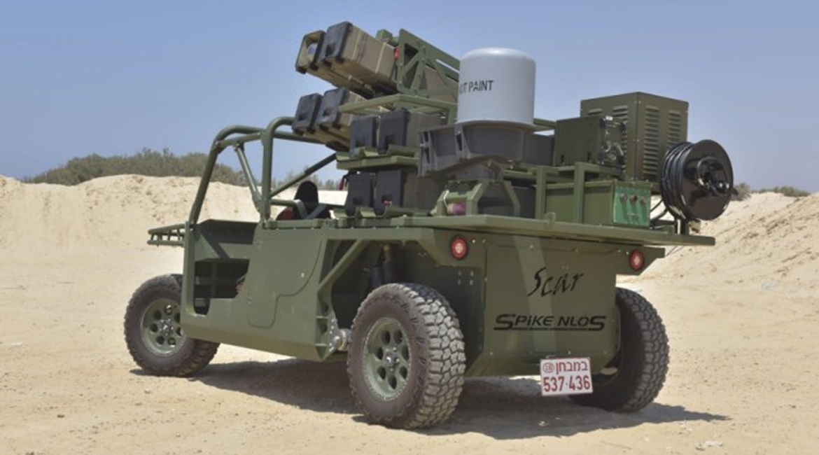 An eight-round Spike NLOS missile launcher is seen mounted on a Tomcar TE.
