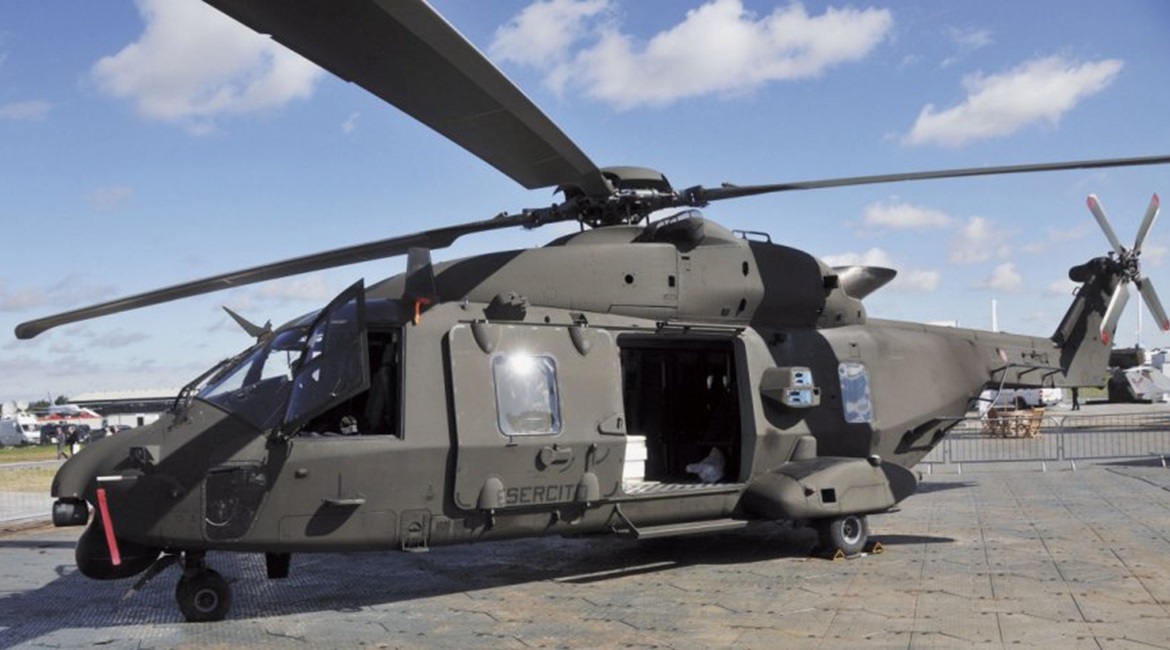 An Italian TTH-variant NH90. The MTT is designed to perform the same role but from a maritime environment, with NFH components such as folding rotors and tail-boom, as well as strengthened undercarriage.