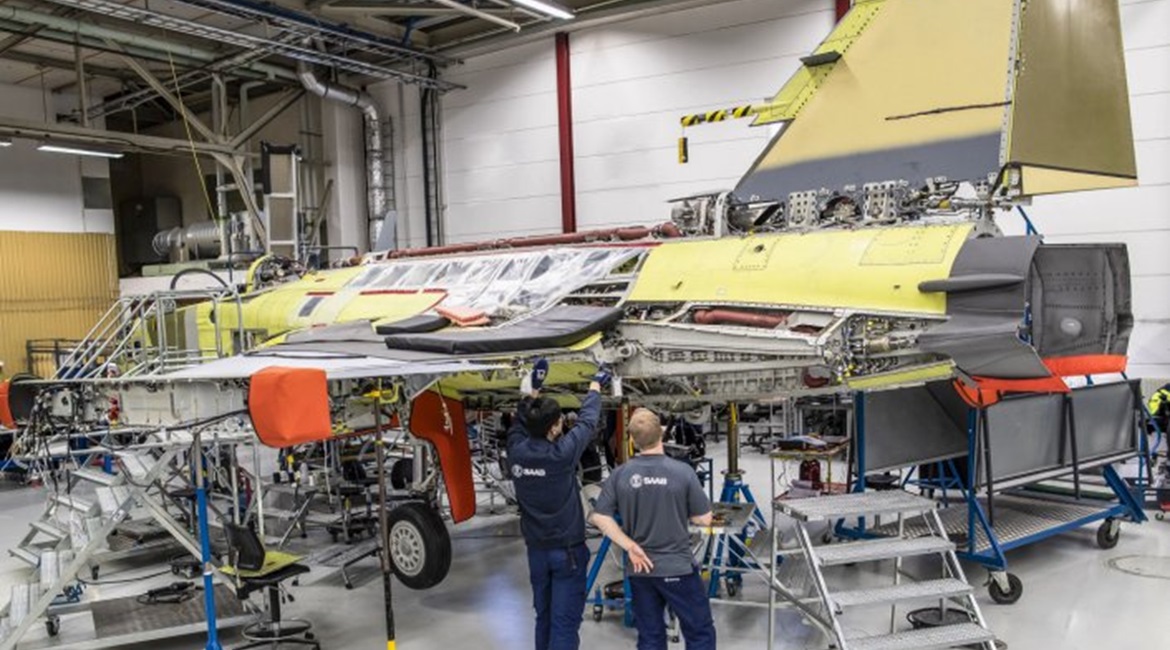 The first Saab Gripen E for Brazil (pictured) is in final assembly.