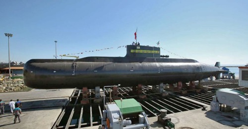 Iran's Fateh-class submarine seen out of the water at the Bostanu shipyard in a photograph released but not taken on 17 February. It is missing the foreplanes that were seen on its hull in previously released television footage.