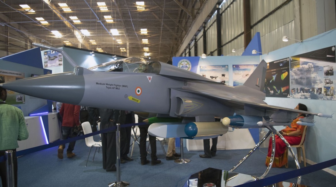 A model of the HAL Tejas Mk 2 Medium Weight Fighter (MWF) showcased at Aero India 2019.