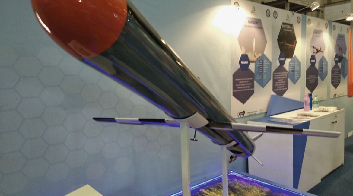 Scale model of the ground-launched Nirbhay cruise missile as displayed at Aero India 2019.