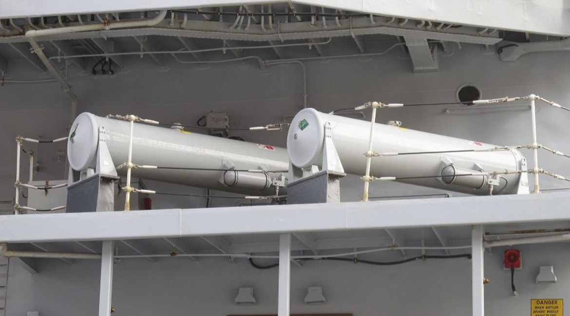 Outfit DLF(3b) launch tubes seen fitted on board the RN Type 23 frigate HMS Iron Duke.