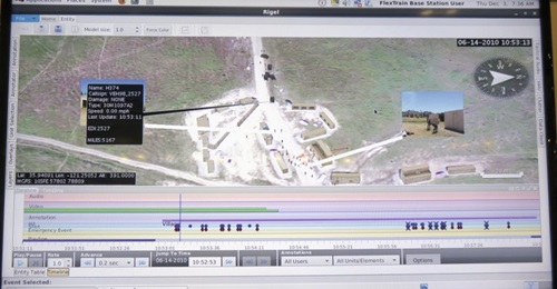 A screenshot of the ORION EXCON and analysis software in the Ravenswood FlexTrain system, showing exercise activity, with live video and entity identification tag. The exercise timeline is along the bottom.