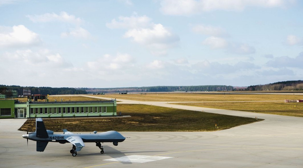 A Reaper UAV taxis out at Miroslawiec Air Base in Poland. The USAFE has had a number of Reapers operating out of the location since May 2018, and has now declared the capability to be fully operational.