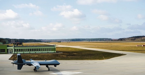 A Reaper UAV taxis out at Miroslawiec Air Base in Poland. The USAFE has had a number of Reapers operating out of the location since May 2018, and has now declared the capability to be fully operational.