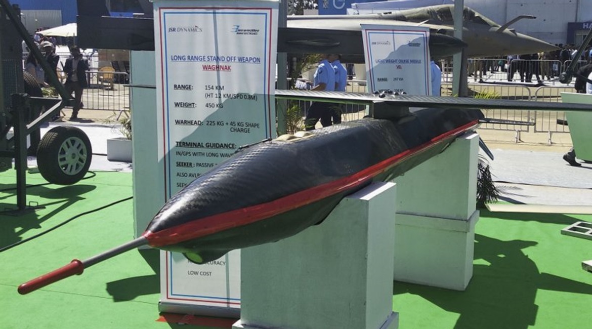 A prototype model of the Waghnak stand-off glide munition displayed during the 2019 Aero India show.