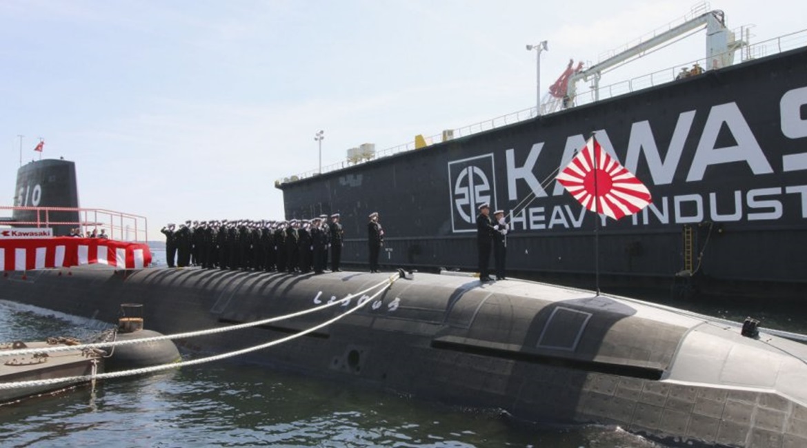 JS 
        
        the JMSDF's 10th Soryu-class submarine,
        
        pictured at its
        
        commissioning ceremony on
        
        18 March. The last two boats of the class will have lithium-ion batteries instead of lead...