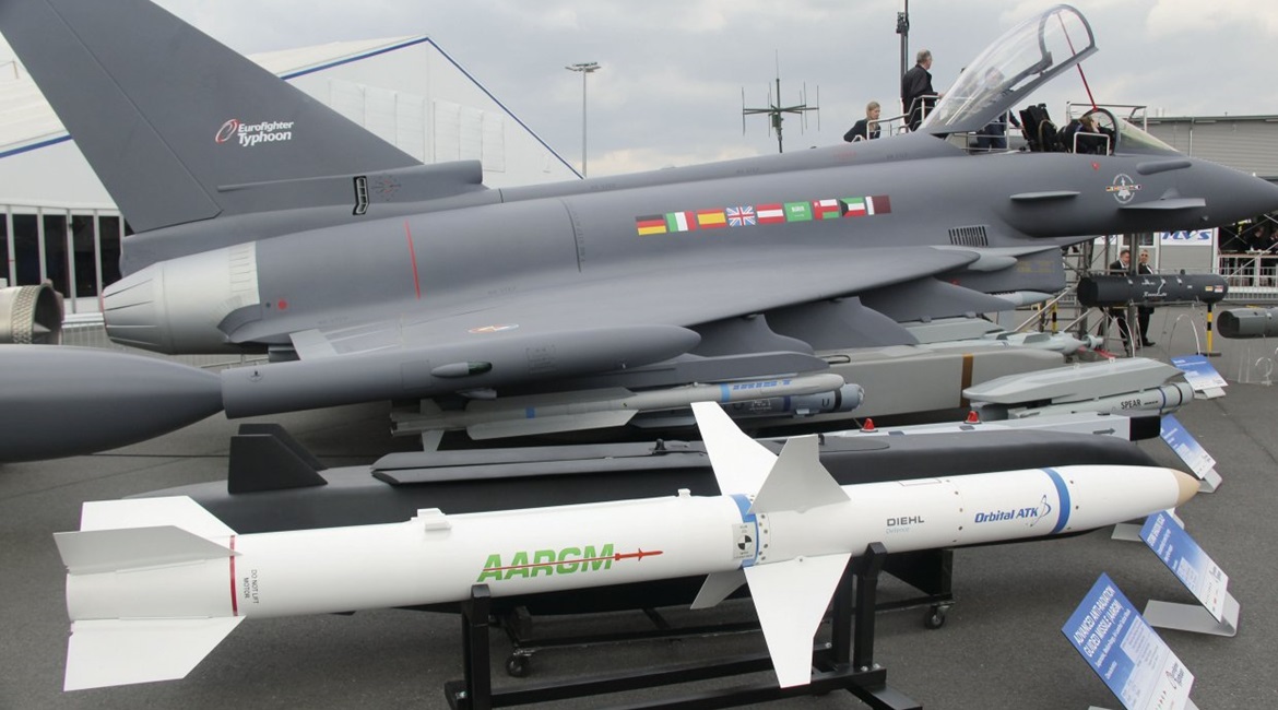 Seen in front of a Eurofighter Typhoon, the AARGM anti-radiation missile is to be integrated onto the Luftwaffe's Tornado ECR fleet.