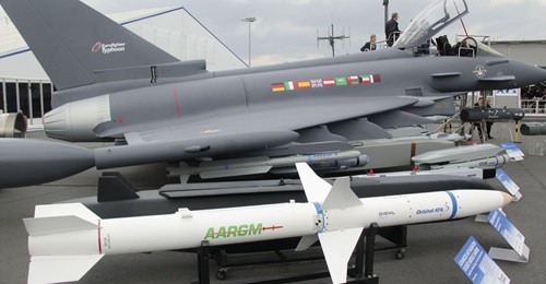 Seen in front of a Eurofighter Typhoon, the AARGM anti-radiation missile is to be integrated onto the Luftwaffe's Tornado ECR fleet.