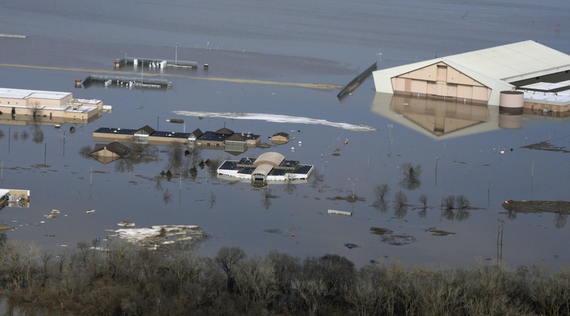Flooding in the Midwestern US during March 2019 damaged many buildings on the southern half of Offutt Air Force Base, Nebraska.