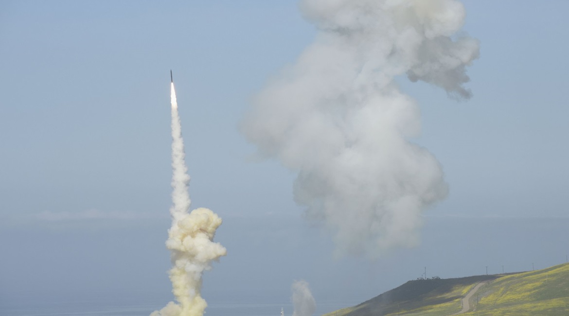 The 'trail' GBI shown launching from Vandenberg Air Force Base about 50 seconds after the 'lead' GBI, in the system's first-ever salvo engagement.