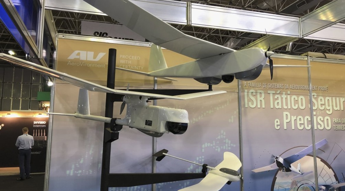 AeroVironment unmanned aircraft systems (UAS) on display at LAAD 2019 (from top): Puma, Raven, and Wasp.