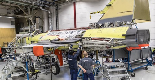The first Saab Gripen E for Brazil, pictured in final assembly.