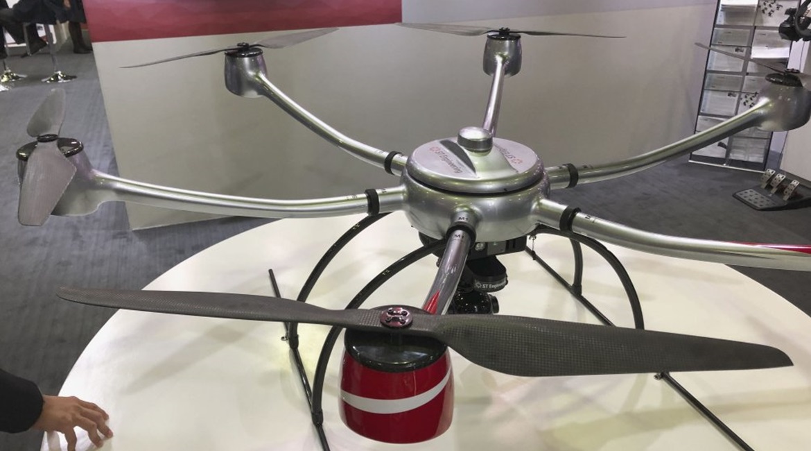 ST Engineering's hexacopter DrN-15 UAV on display at the 2019 LAAD Defence and Security exposition