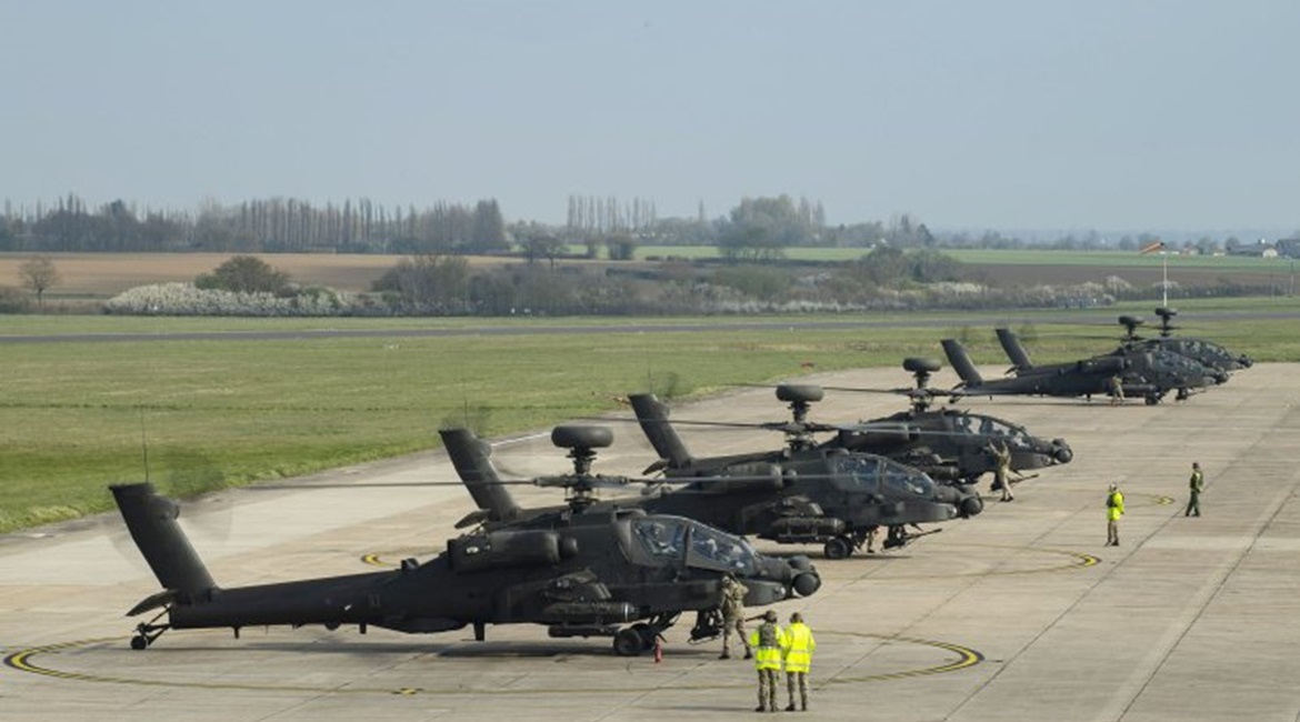 The five Apaches at their home base in Wattisham shortly before departing for Estonia. They are joined in their deployment by four Lynx Wildcats.